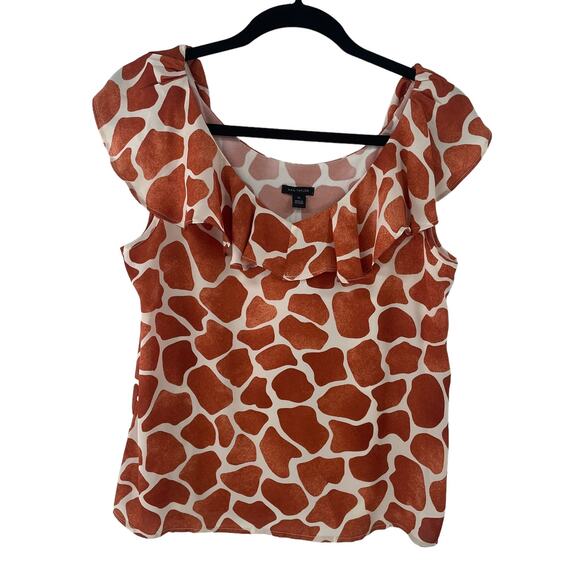 NWT Ann Taylor Orange Giraffe Print Ruffle Neck Shell Blouse Womens XS - Picture 2 of 8